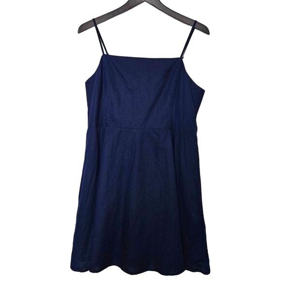 GAP Linen Cotton Dress Fit Flare XL Rouched Mini Sundress Midi Navy Minimalist - Picture 1 of 9